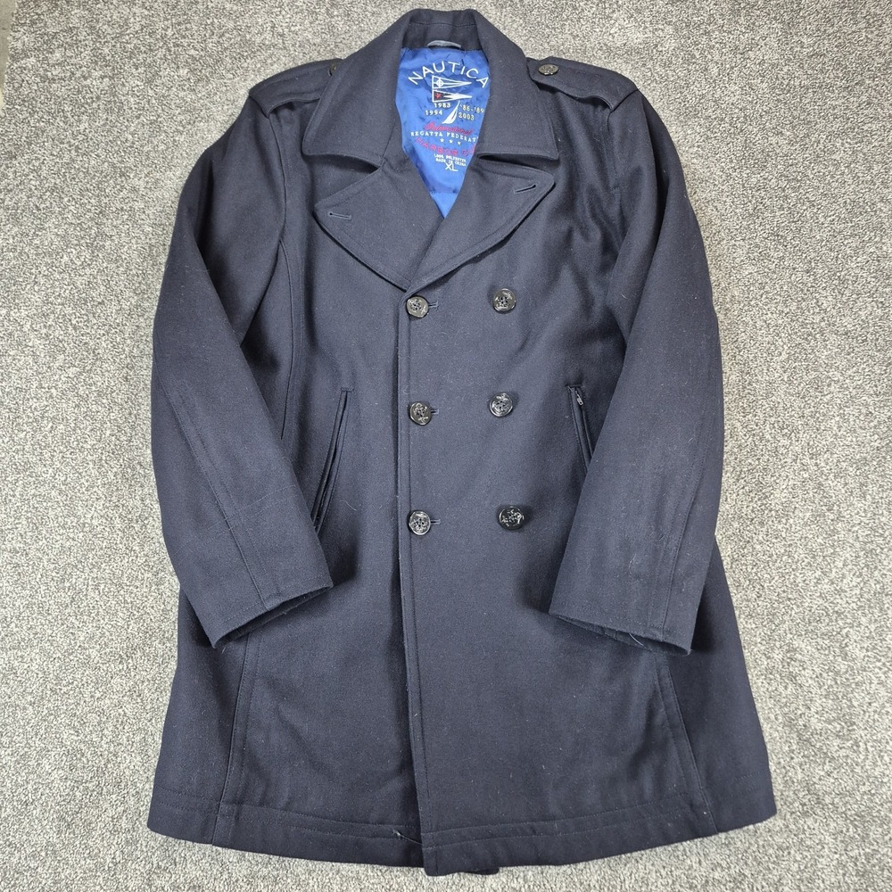 Nautica Wool Double Breasted Pea Coat Men's XL Navy Blue Insulated